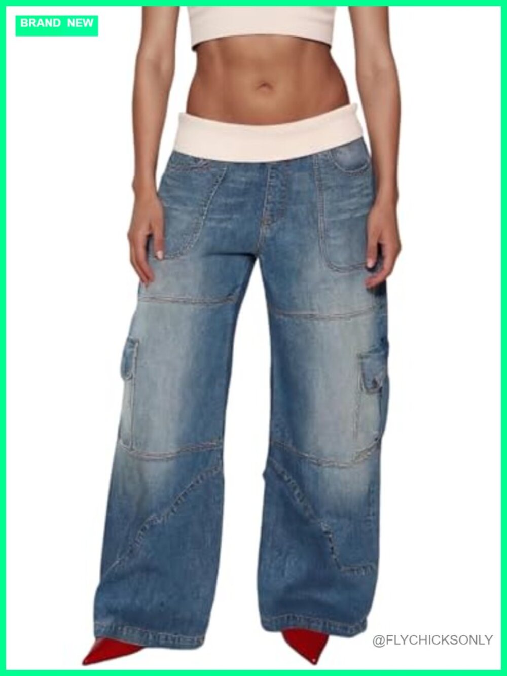 Women's Baggy Barrel Jeans High Waisted Wide Leg Lace Patchwork Cargo Denim